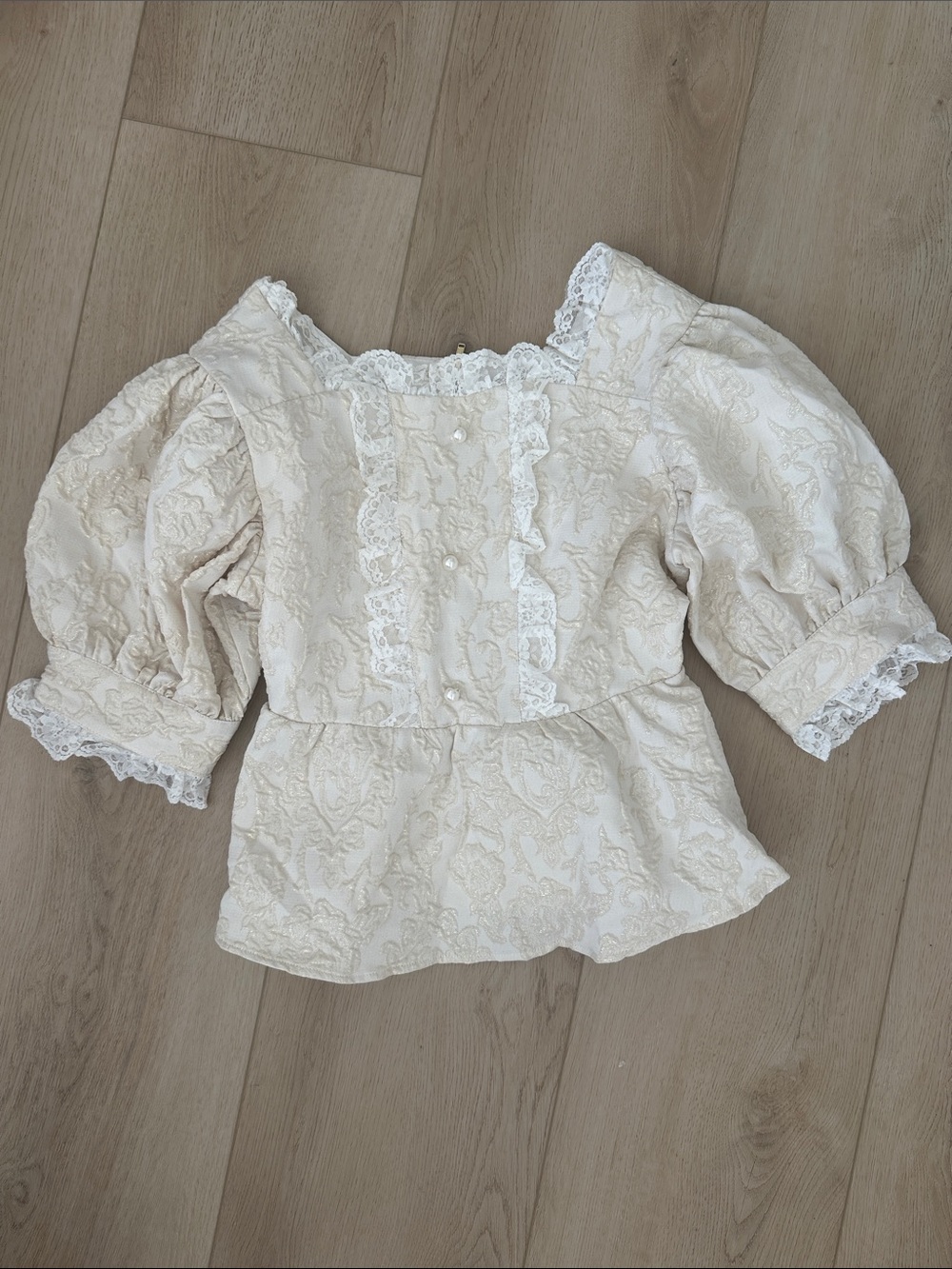 Lace-Trim Ivory Puff Sleeve Peplum Top